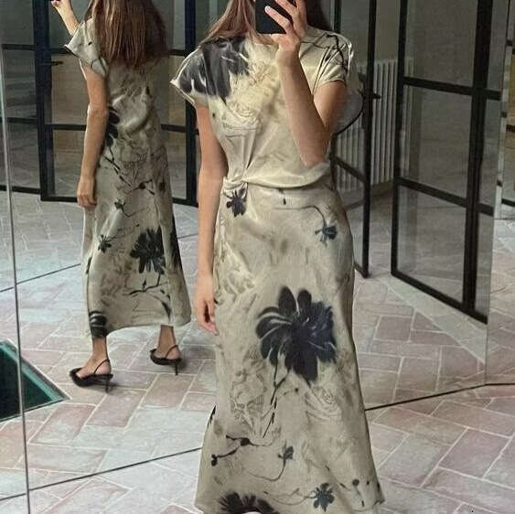 Women's Spring New Elegant Style Silk Satin Texture Waist-Cinching Printed Midi Dress B5