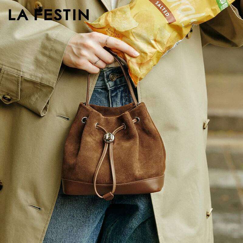 LA FESTIN Original New Women Suede Leather Handbag Winter Bags Fashion Shoulder Bucket Crossbody Bag