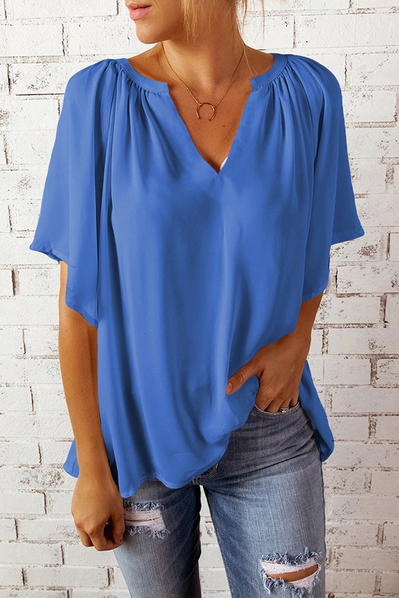 Summer Loose V-neck Top Casual Womens T-shirt Chiffon Shirt 250605
