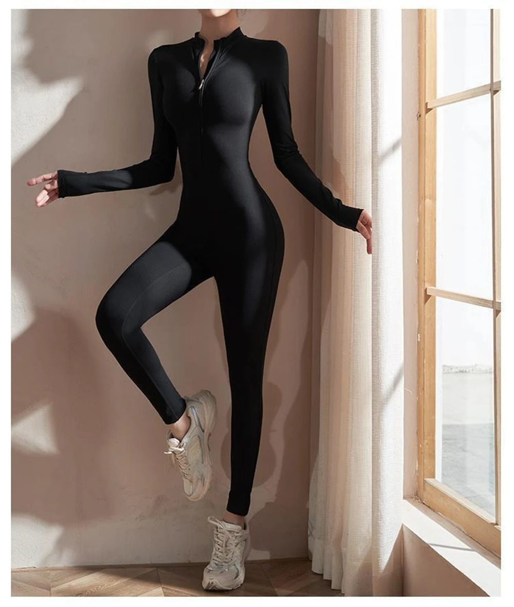 Womens Jumpsuits Long Sleeve Yoga Slim Fit Stretch One Piece Romper Sexy Fitness Female Black Basic Sportswear Tight Zipper 250603