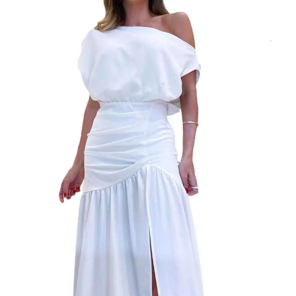 Summer Women's Fashion Sexy Asymmetric Neck Off-Shoulder Waist-Cinching Slit Floor-Length Vacation Style Solid Color Dress B5