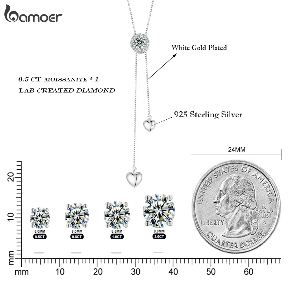 BAMOER Diamond 925 Sterling Silver Lariat Moissanite Necklace, Chic Minimalist Dangle Tassel Y Chain Long Necklace for Women Girls Gift MSN029