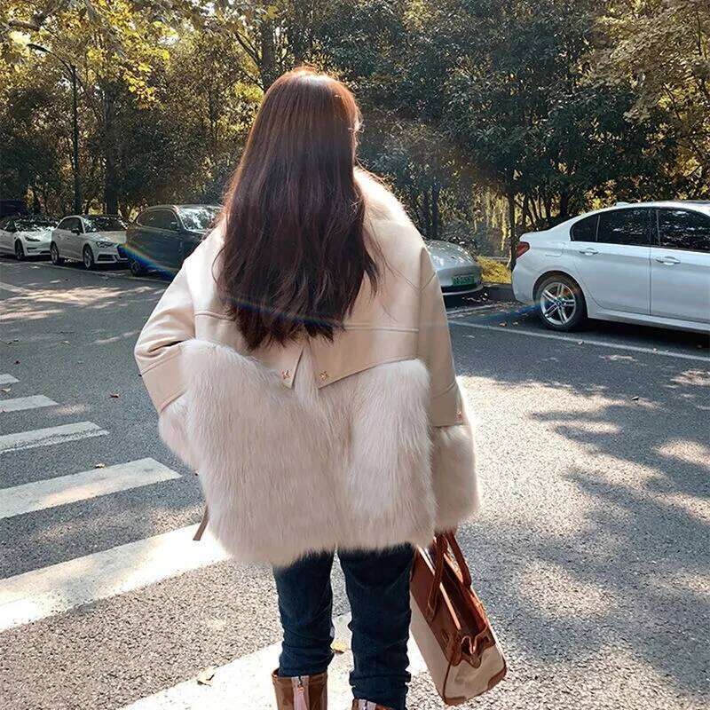Winter Women's Leather Jacket Real Fox Collar Trim Natural Skin With Rabbit Fur Coats Short Style Female