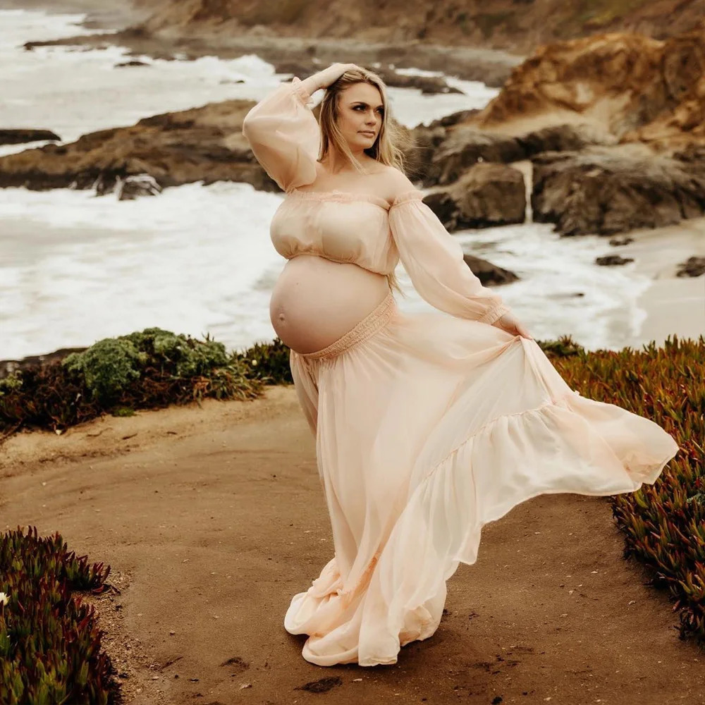 Maternity Dresses for Baby Showers Chiffon One Shoulder Lace Long Sleeve Two Piece Dress Bohemian Po Shooting Pregnancy Dress 250530