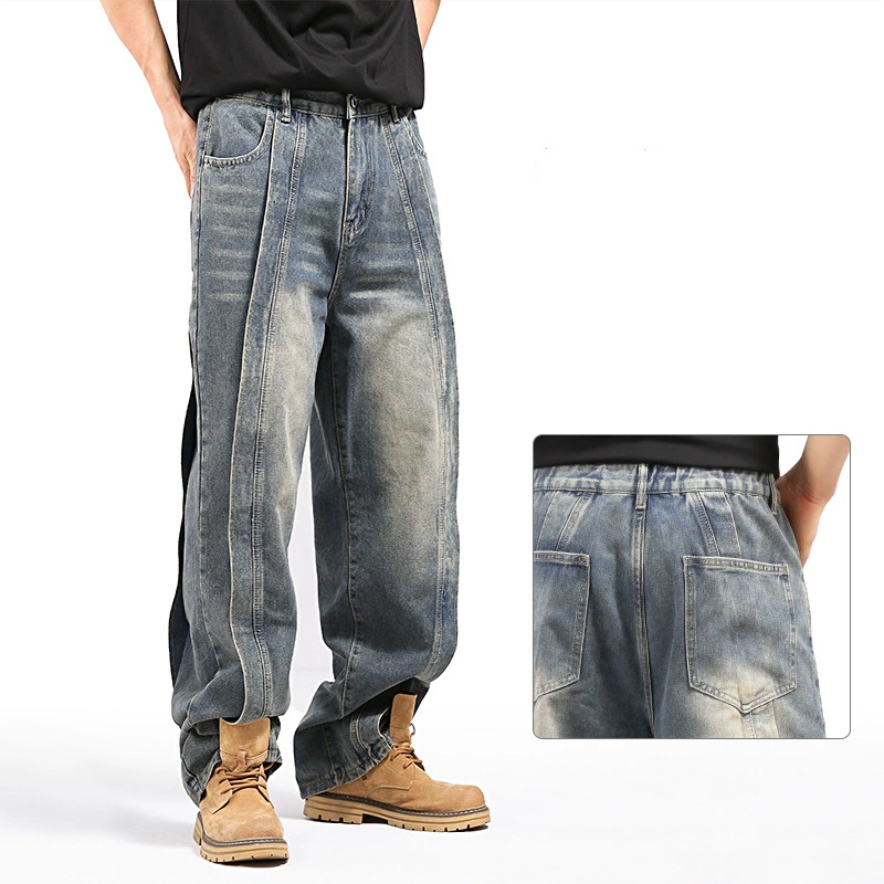 xxxl loose jeans elastic waist men stitching wideleg denim pants straight fashion trend trousers mens clothing bottoms