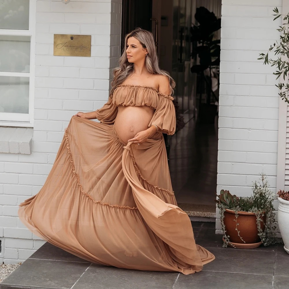 Maternity Dresses for Baby Showers Chiffon One Shoulder Lace Long Sleeve Two Piece Dress Bohemian Po Shooting Pregnancy Dress 250530