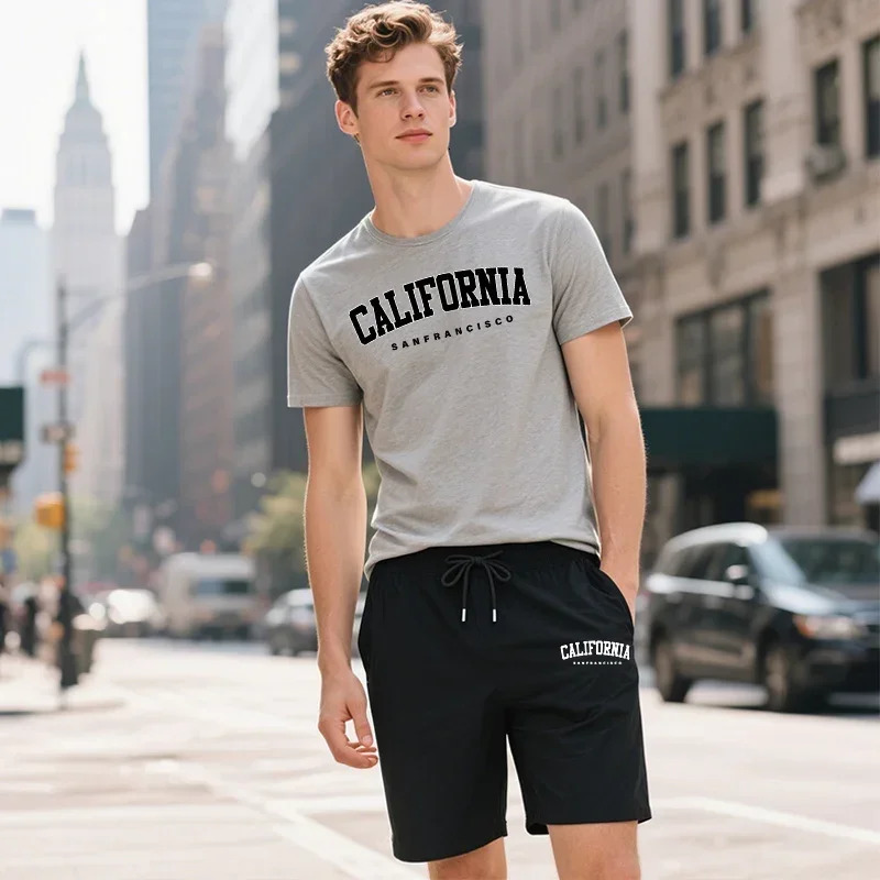 California Fashion T-shirt Shorts 2pcs Set Mens Summer Casual Sports Outfits Urban Fashion Tracksuit O-neck Tees Walking Shorts 250605