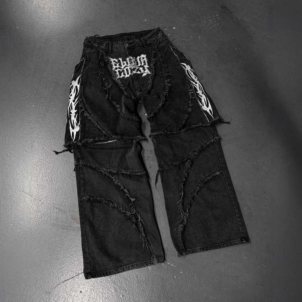 American Y2K Street Style Cozy Zipper Patchwork Detachable Loose Black Jeans Mid-Length Pants