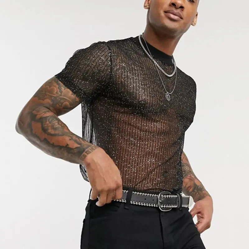 Mens Short Sleeve Mesh T Shirt Sheer Slim Fit Shiny Sexy See-through Party Nightclub Thin Breathable Clothing Leisure Tees 250605
