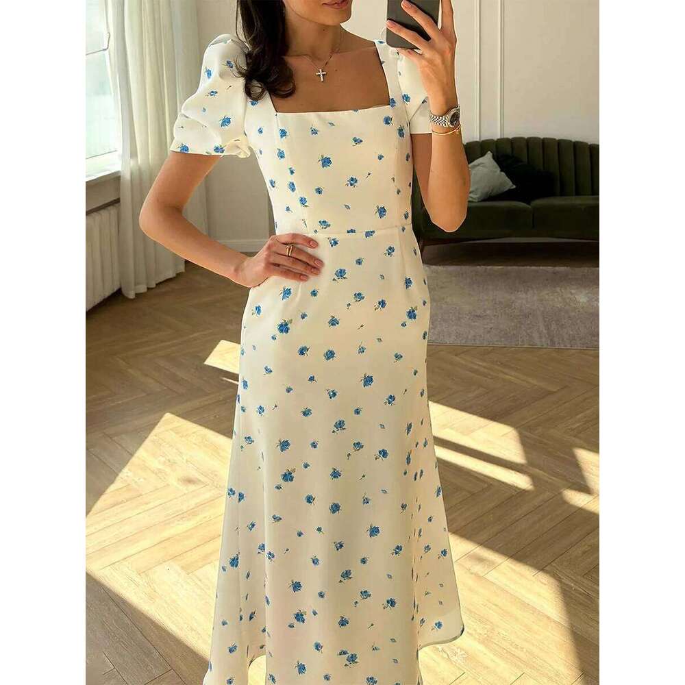 New Fashion Womens Summer Midi Casual Short Puff Sleeve Floral Print A-Line Elegant Flowy Dress Hot Sale S M L