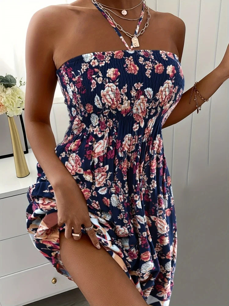 Plus Size Women Boho Flower Printed Dress Strap Neck Casual Vacation 250526