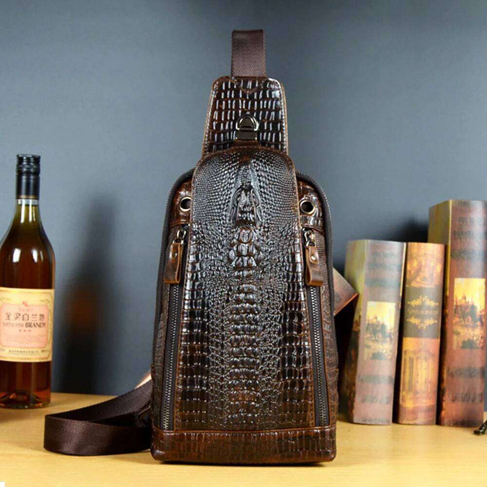 Men Cross Body Shoulder Chest Sling Backpack Genuine Leather Crocodile Pattern Real Cowhide Travel Male Side Messenger Bag