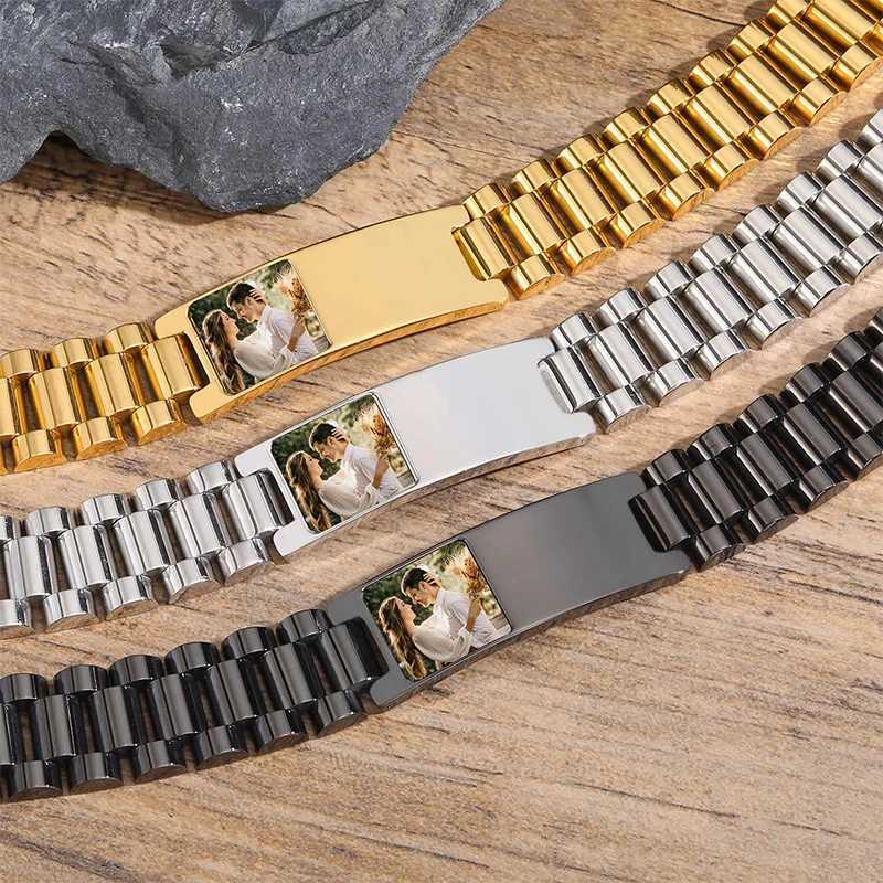 Custom Picture Text Bracelet Watch Band Stainless Steel Link Bracelet Custom Engraving Photo/Text/Name Bracelet Jewelry for Men W250606