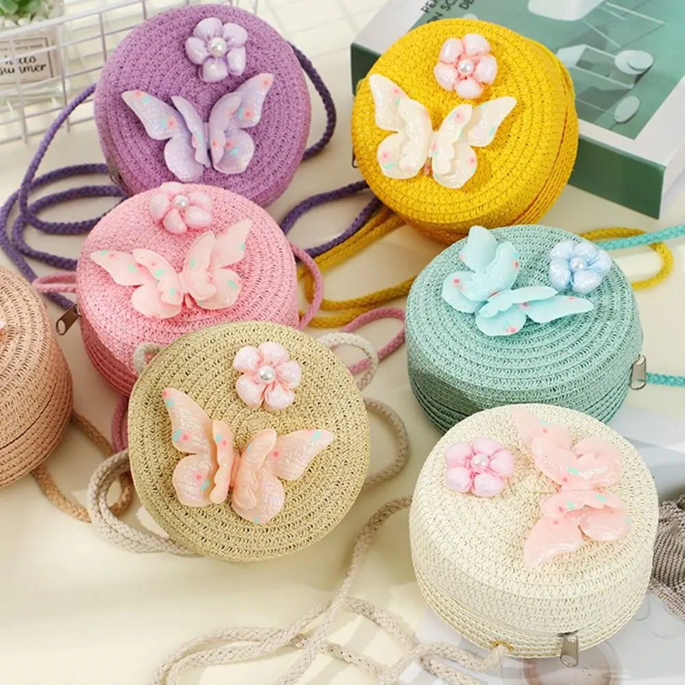 Round Shape Straw Bag Princess Mini Handbag Children Shoulder Butterfly Flower Summer Beach Messenger Kids Coin Purse 250605