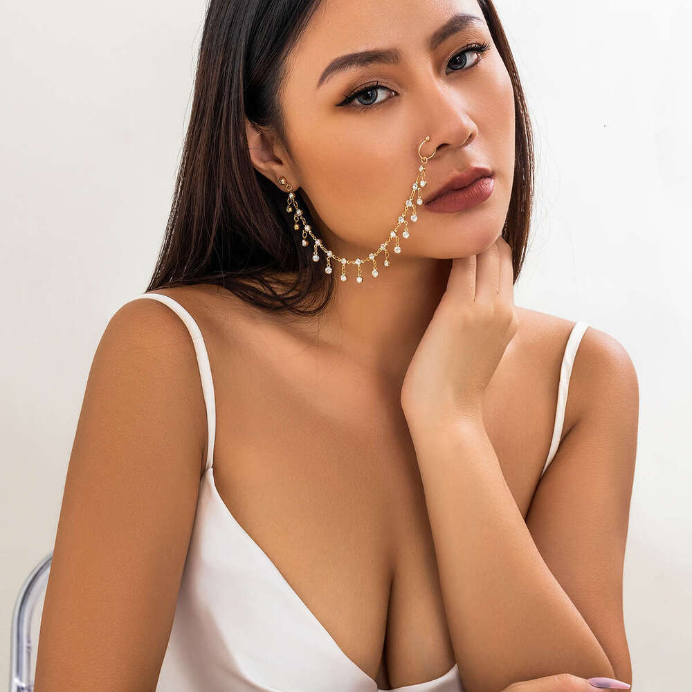 Ethnic Style Jewelry Earrings for Women Chain Stud Stage No Piercing Rhinestone Tassel Nose Ring