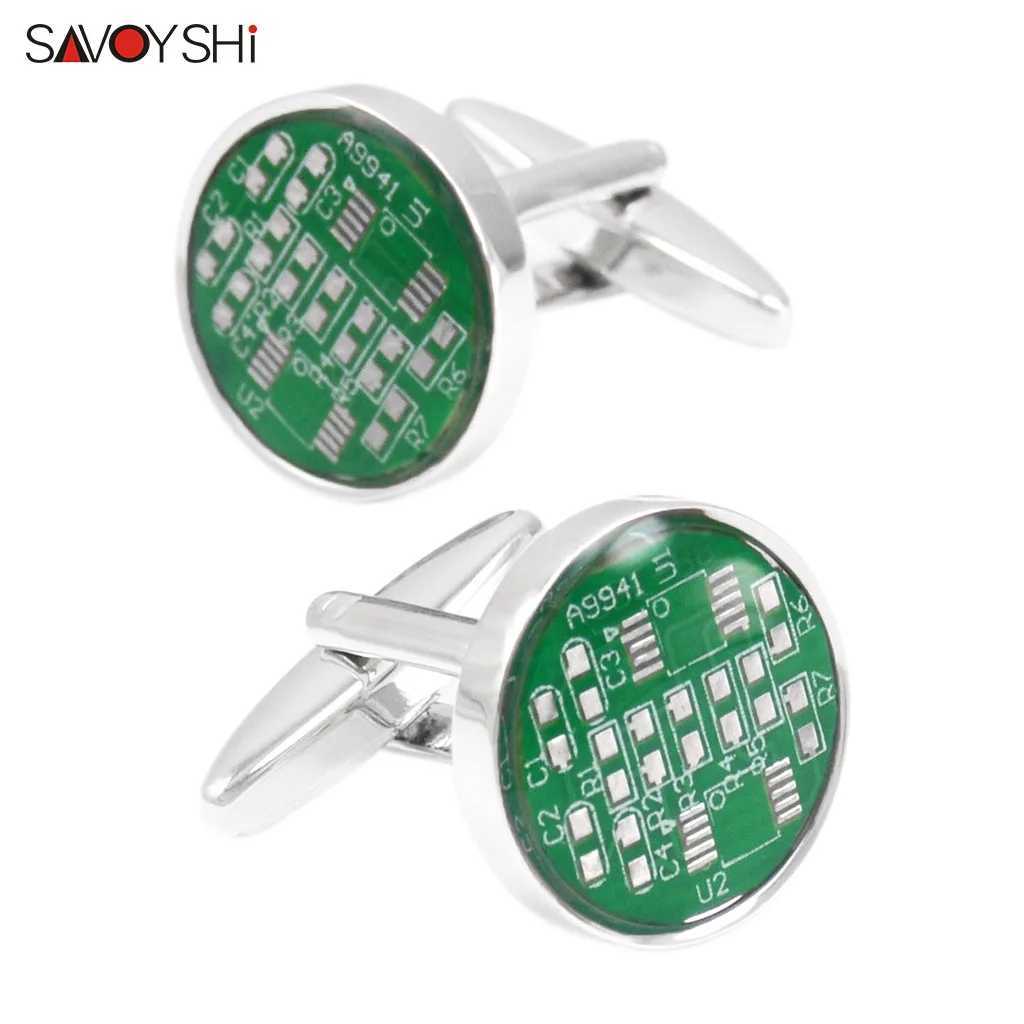 SAVOYSHI Newest Real Circuit Board Cufflinks For Mens Shirt Cuff buttons High Quality Round Cuff links Gift Free Engraved Name W250606