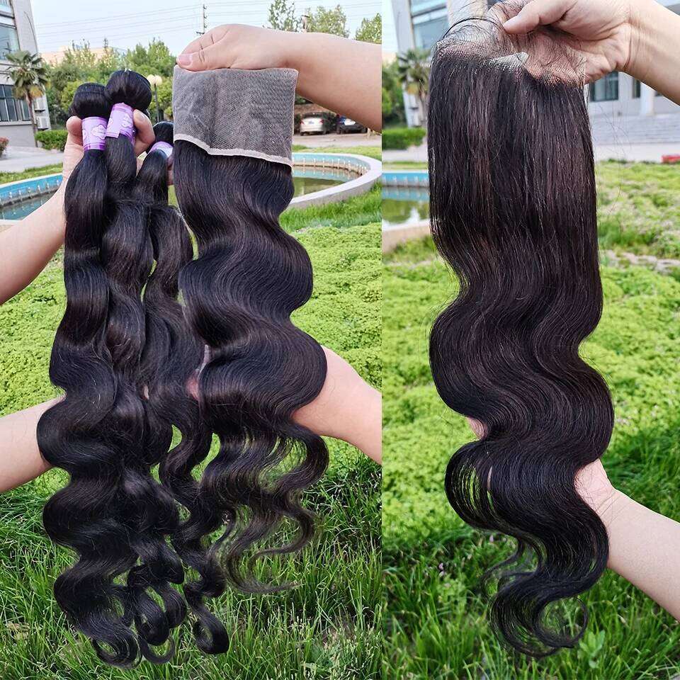 30 40 Inch Human 3 with 13x4 Lace Frontal Brazilian Hair Weave Bundles With Closure Body Wave Double Draw