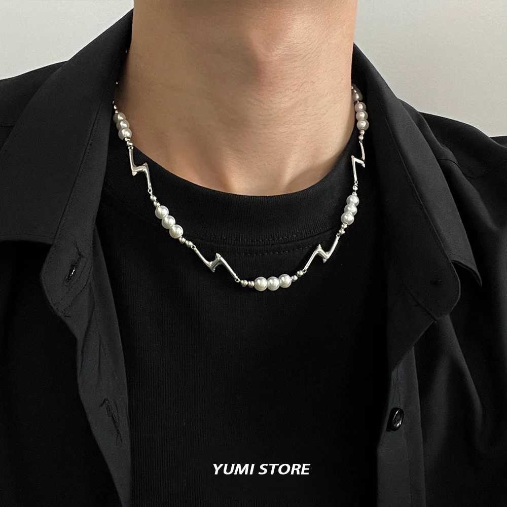 Hip Hop Pearl Splicing Lightning Necklace For Men Women Fashion Irregular Collar Choker Jewelry Unisex Accessories Wholesale Y250605