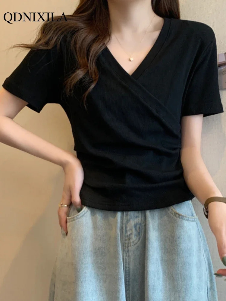Summer Korean Fashion Casual Cross V-neck Womens T-shirt Short Sleeve Slim Bottoming Shirts Crop Top Youthful Woman Clothes 250605