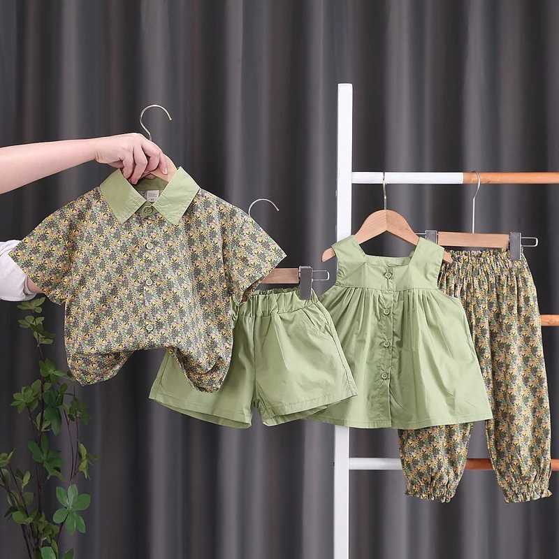 2023 Summer Brother Sister Outfits Boy Kid Flower Casual Shirt+Shorts 2pcs Girl Flower set R250606