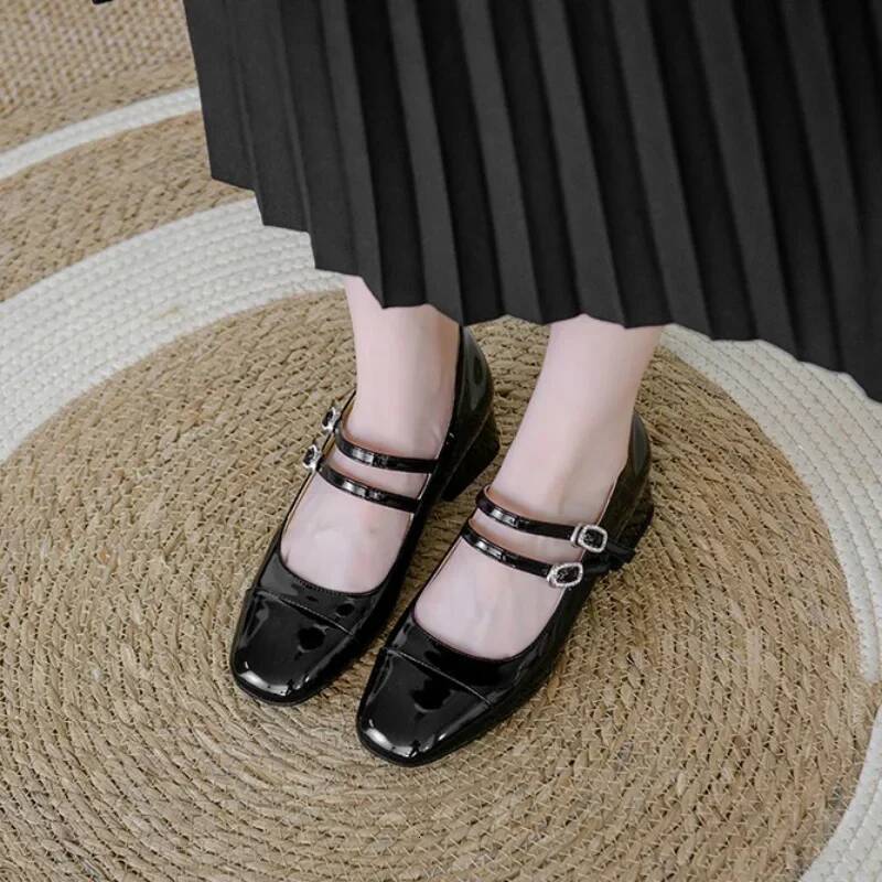 Ddmyoutdoor Women S Fashion Mary Janes Autumn Sliver Leather Buckle Mid Heels Dress Square Toe Shallow Chunky Heels Shoes Outdoor Shoes