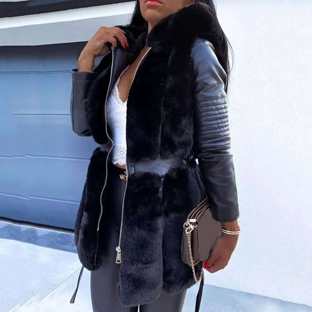 Faux Rabbit Winter Long Fur Hooded Loose Lapel Overcoat Thermal Plush Tight Waist Coat Women Jackets