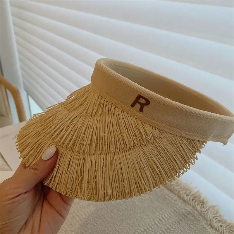 summer empty top womens straw braid fringe sunhat is a sunhat with sunblock UV beach holiday 250603