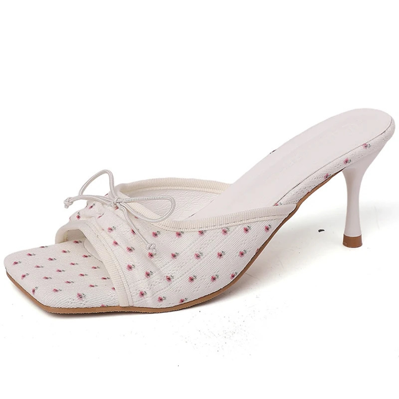 Summer Floral High Heels Women Slippers Fashion Square Toe Slip On Shoes Ladies Outdoor Party Dress Slides 250605
