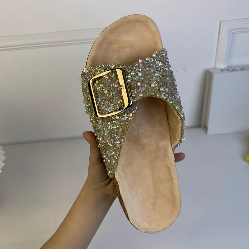 Women Beach Sandals Single Buckle Pearl Sequins Home Fall Leisure Vacation Outside Wear Womens Flat Slippers 250603