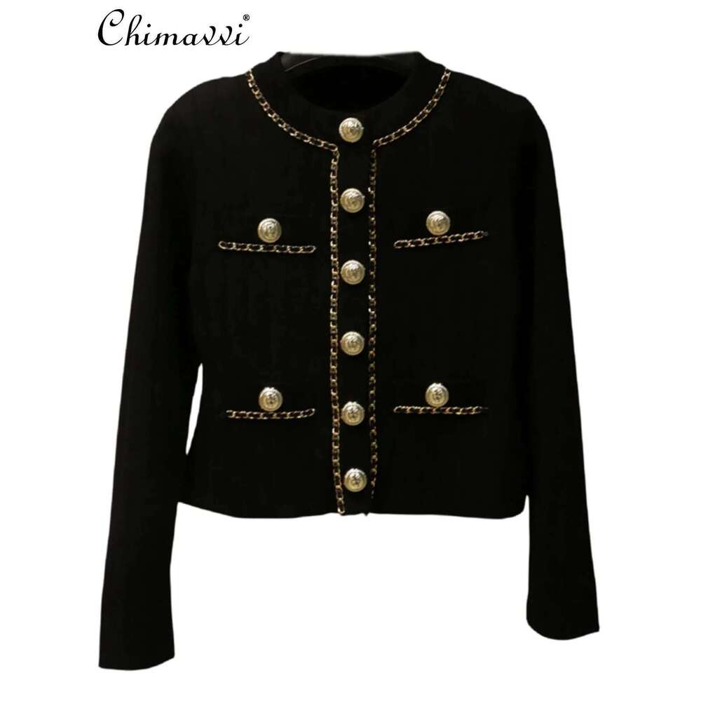 Short Slim-fit Sweater Chain Gold Buckle Jacket Autumn and Winter New Fashion Loose Elegant Women's Knitted Cardigan