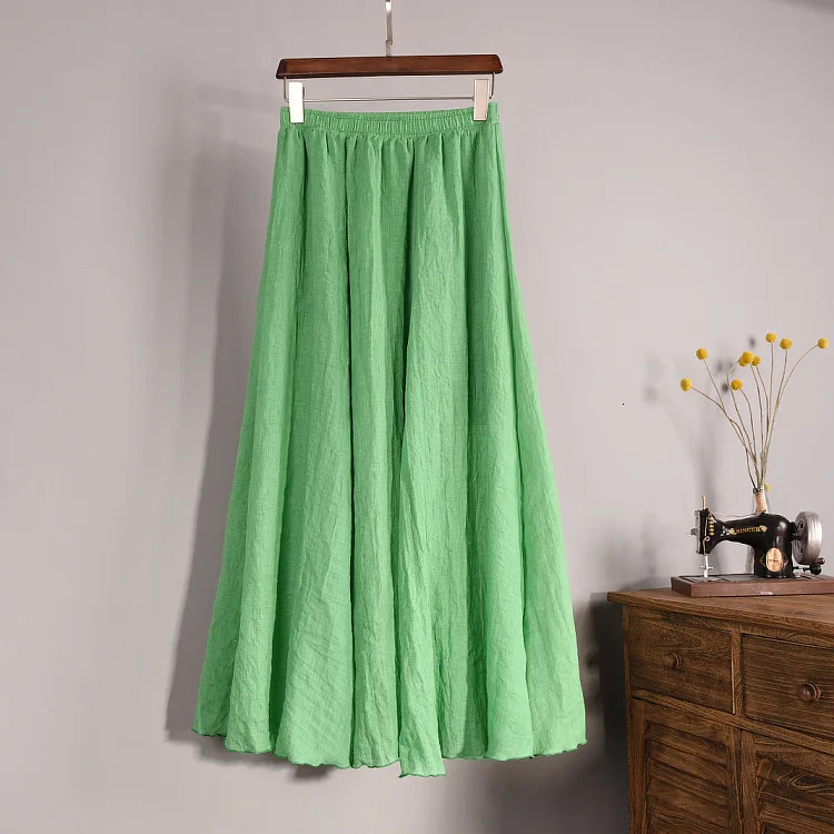 Womens Elegant 16 Color High Waist Elastic Waist Linen Pleated Long Skirts Ladies Slim Casual Skirt Saias Summer SK05 250605