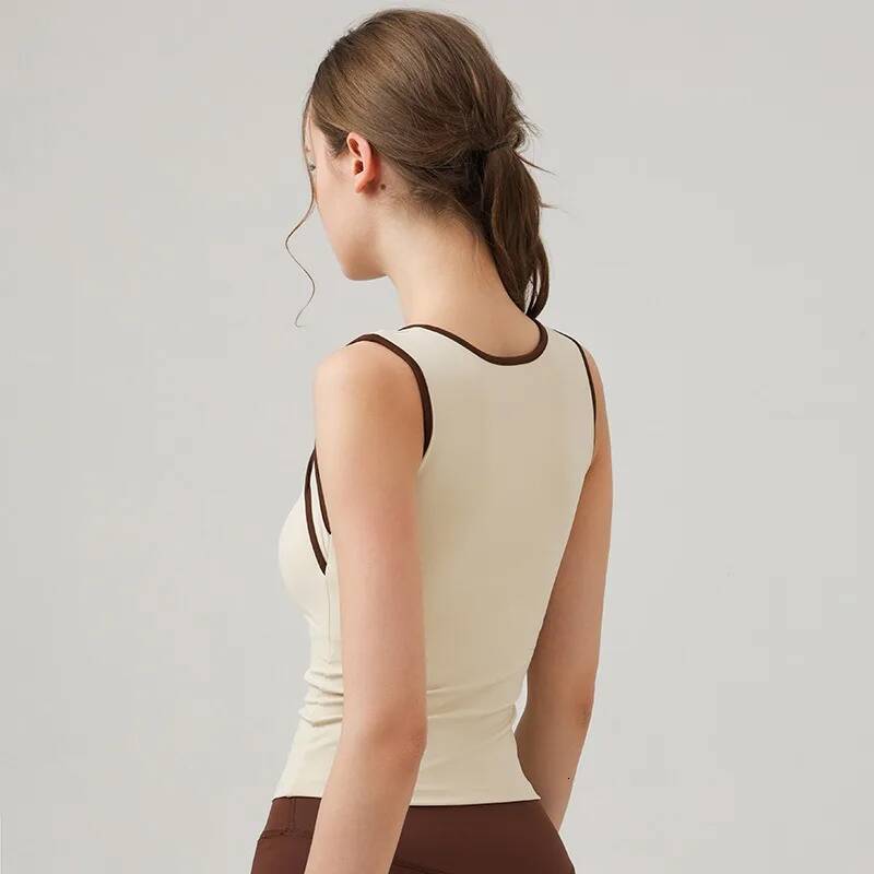 Yoga Shockproof Gym Workout Running Tank Quick-Dry Fiess Vests With Fixed Chest Pads Clashing Color Slim Fit Tops