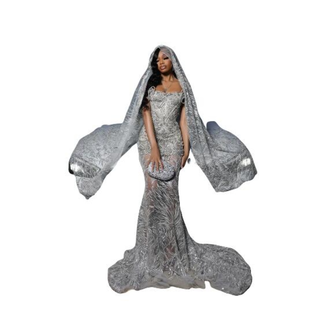 Glitter Beaded Sequined Wedding Dress Sparkly Lace Strapless Mermaid Bridal Gown With Veil Sleeveless Bride Dresses Customized