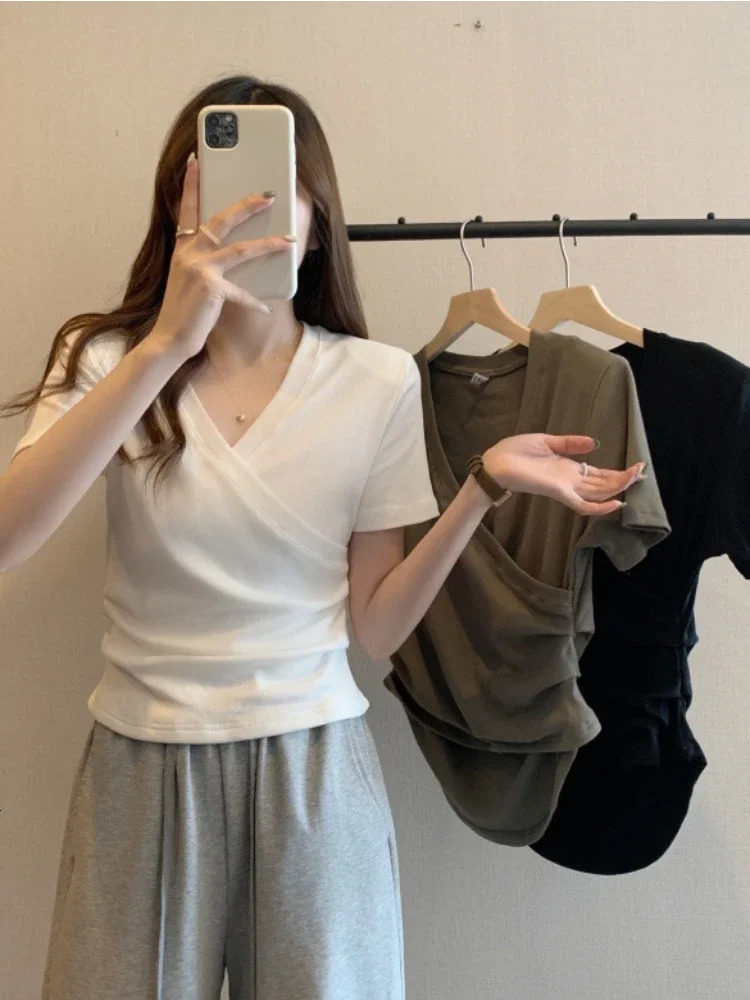 Summer Korean Fashion Casual Cross V-neck Womens T-shirt Short Sleeve Slim Bottoming Shirts Crop Top Youthful Woman Clothes 250605