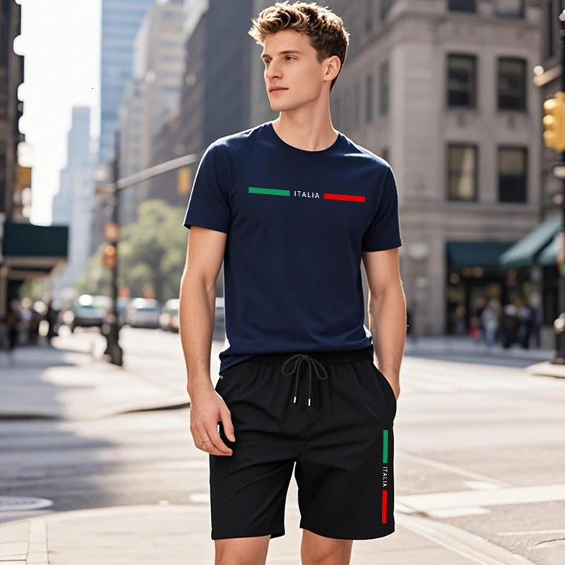 Mens Italy Printed Tracksuit T-shirts shorts 2pcs Set Summer Daily Casual Sports Jogger Suit Urban Fashion Cool Shorts Outfits 250605
