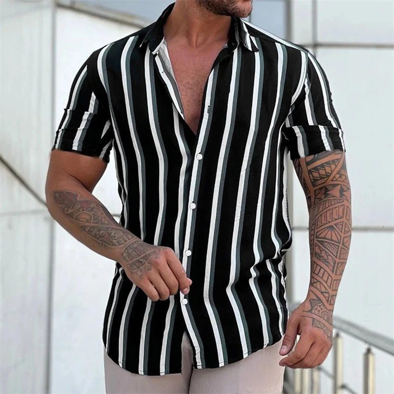 Mens Shirts Fashion Stripes Print Short-sleeved Tees Summer Tops Men Turn-down Collar Button Casual T-shirt Clothing 250605