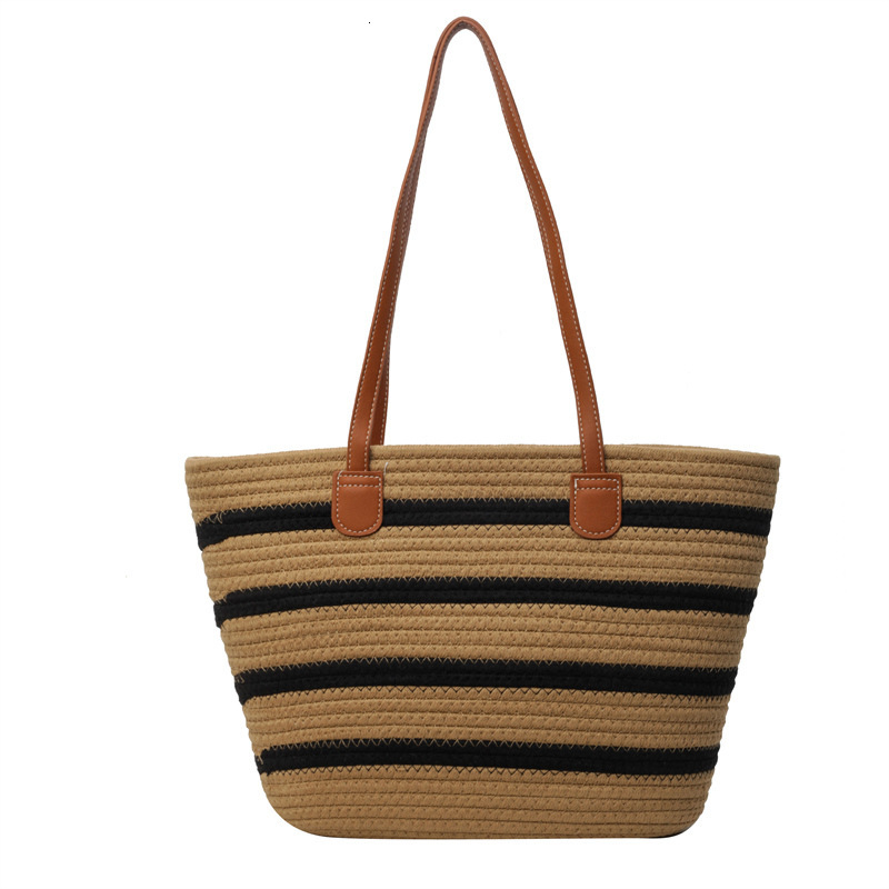 designer Woven Straw Bag for Women Large Capacity 2025 New Color-Block Striped Shoulder Bag Textured Commuter Beach Bag