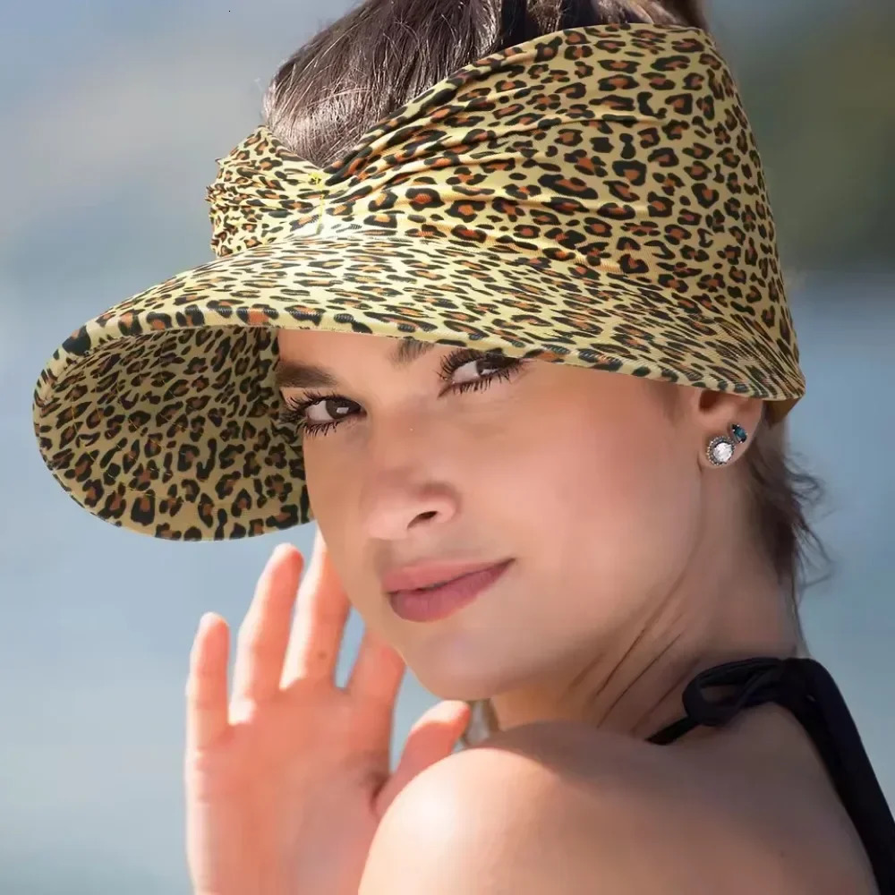 Womens Sun Hat Sun UV Protection Large Brim Face Blocking Cap Outdoor Fashion Beach Leopard Print Swimming Empty Top Sports Hat 250603