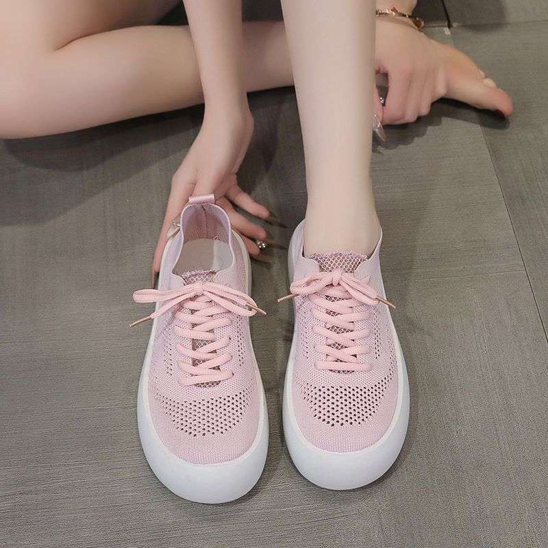 Mesh Breathable White Sneakers Summer New Versatile Fashion Flyknit Thick Sole Sports Casual Shoes Lace Up Single Shoes For Women Ddmysaturn