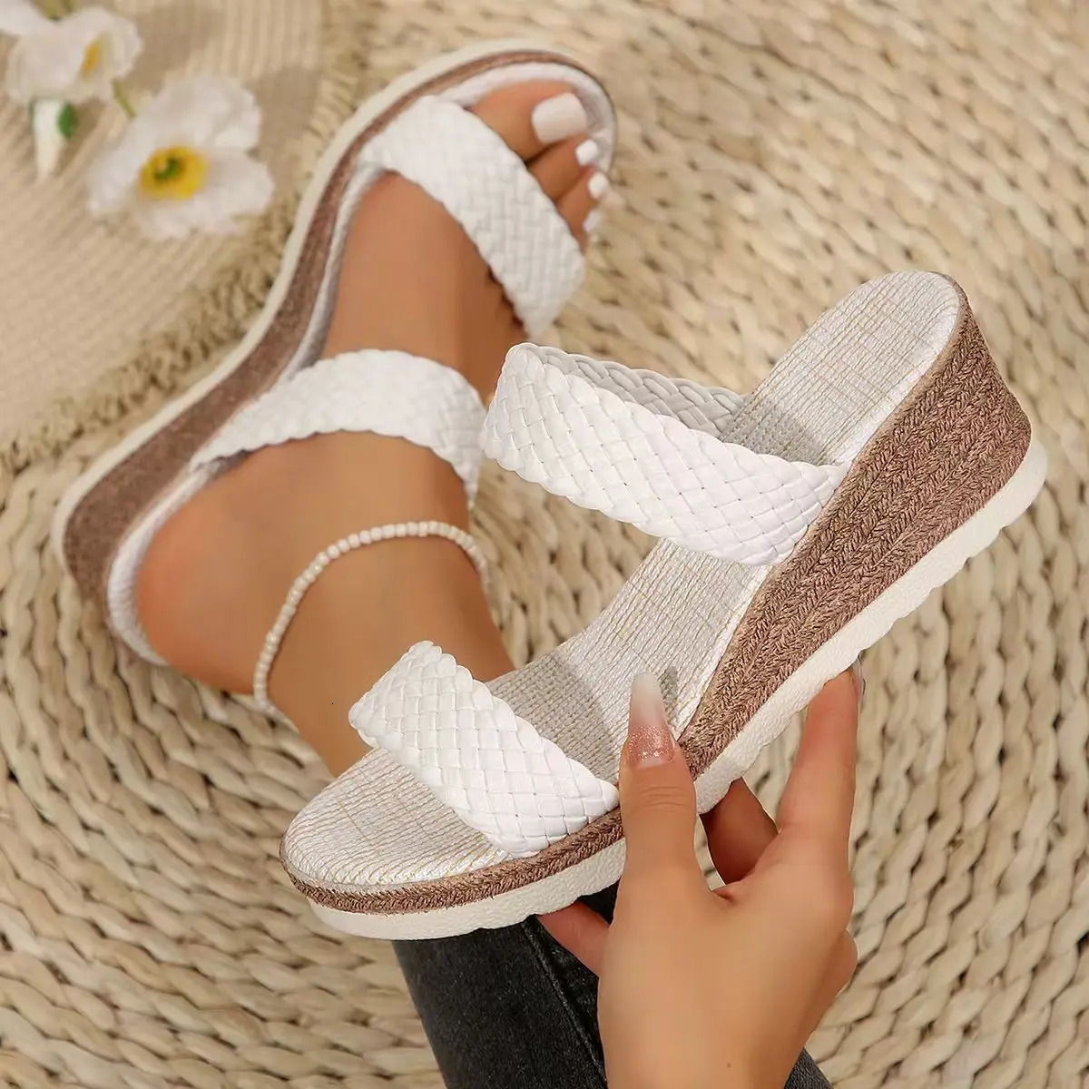 PU Leather Woven Wedge Sandals for Women 2025 Summer Fashion Platform Slippers Woman Casual Comfortable Outdoor Beach Sandalias 250605