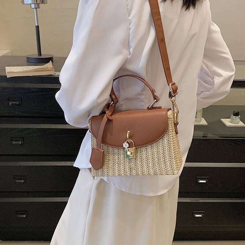 Fashion Straw Splicing Pu Leather Flap Handbag Hand-woven Box Rattan Women's Crossbody Messenger Casual Summer Beach Bag