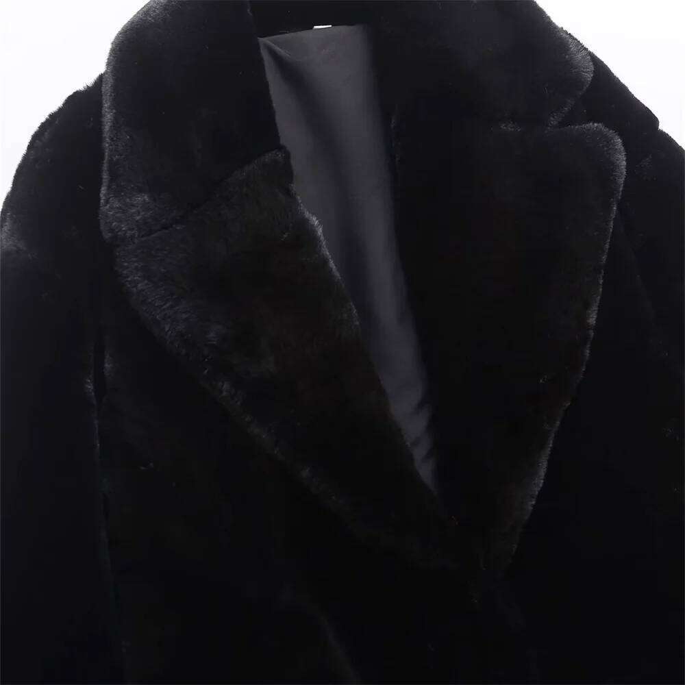 BMURHMZA women's lapel sleeved faux loose and versatile long winter new item solid color warm fur coat