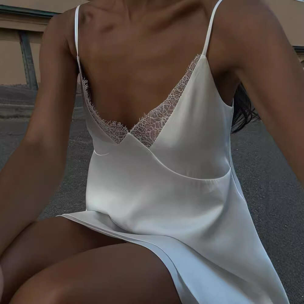 Women's Summer New Fashion Elegant V-Neck Satin Sexy Lace Patchwork Spicy Dress Trend B5