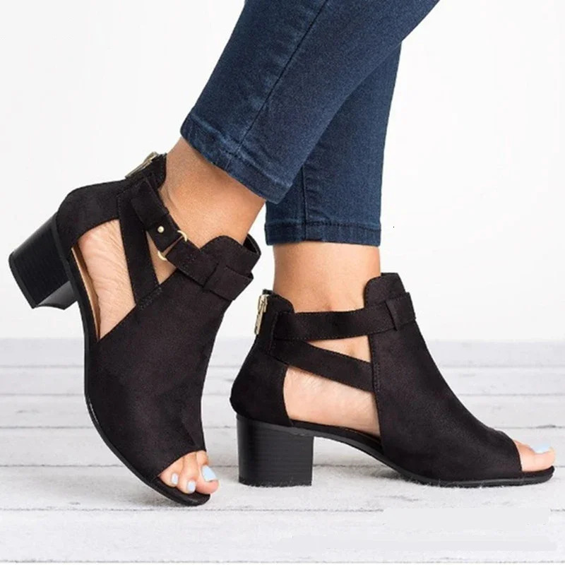 Women Sandals Chunky High Heels Soild Gladiator Open Peep Toe Women Black Shoes Buckle Back Zipper Sandalias De Mujer 250605