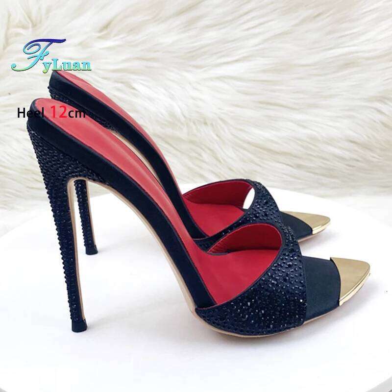Women Rhinestone Stiletto Slippers Summer Party Shoes 12CM Black Pointed Toe Sandals For Ladies High Heels Mules Size 46