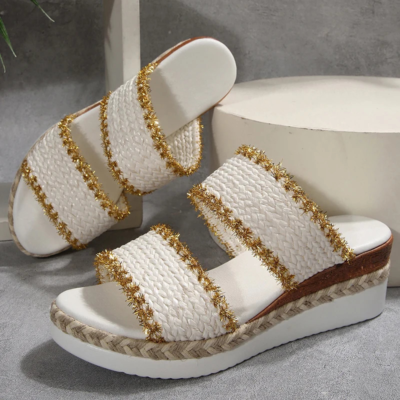 Vintage Woven Wedge Heeled Slippers Women Summer Plus Size 36-43 Thick Bottom Sandals Woman Comfort Platform Beach Sandles Mujer 250605