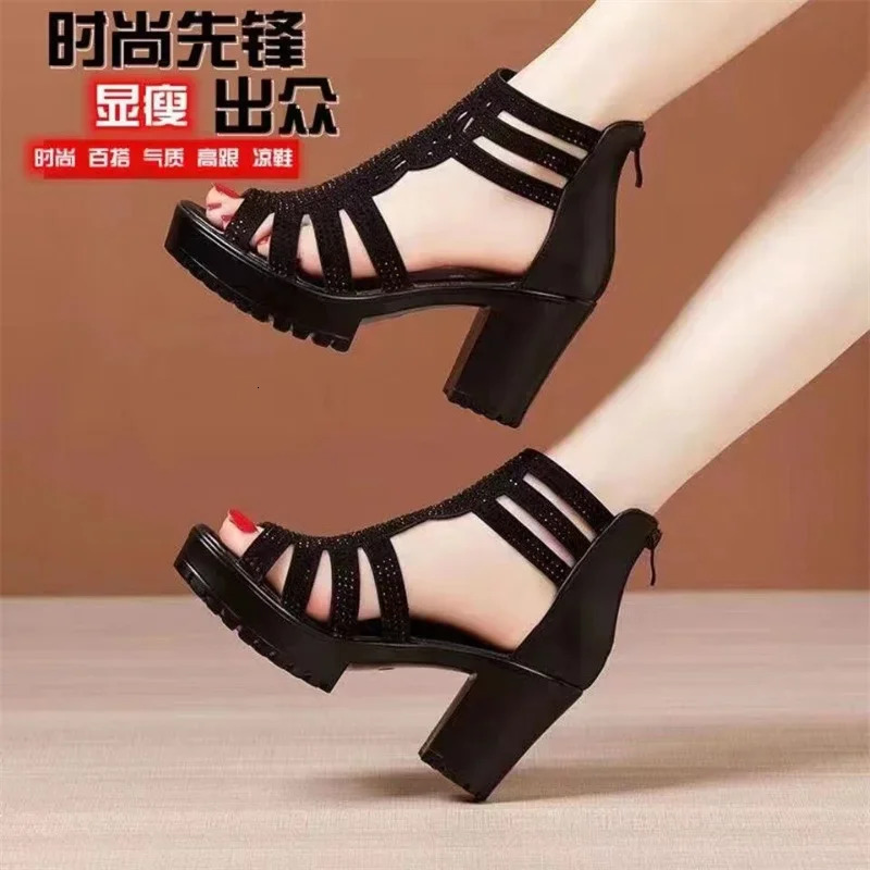 2024 Summer Womens Hollow Roman Sandals High Heels Girls Casual Sandals Open Toed Fish Mouth Shoes Striped High Top Shoes 250605