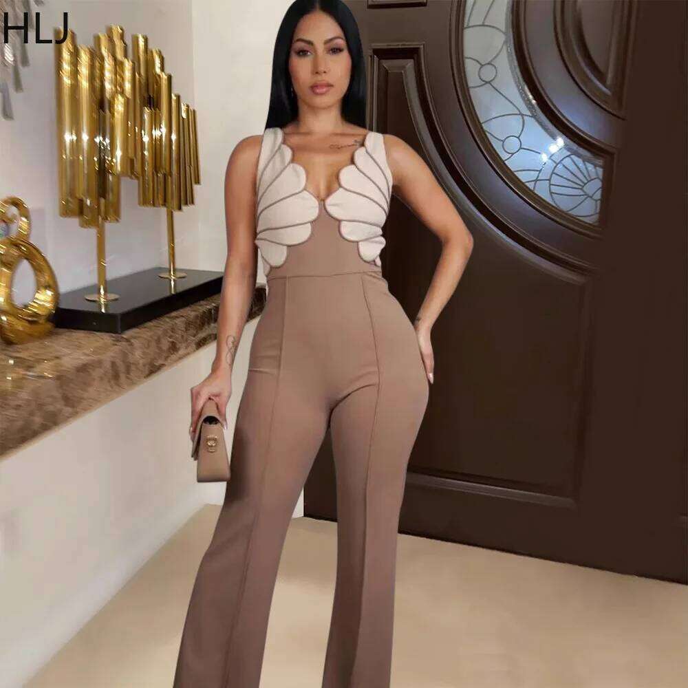 HLJ Fashion V Neck Irregular Spaghetti Strap Straight One Piece Jumpsuits Women Sleeveless Backless Club Playsuits Lady Overalls