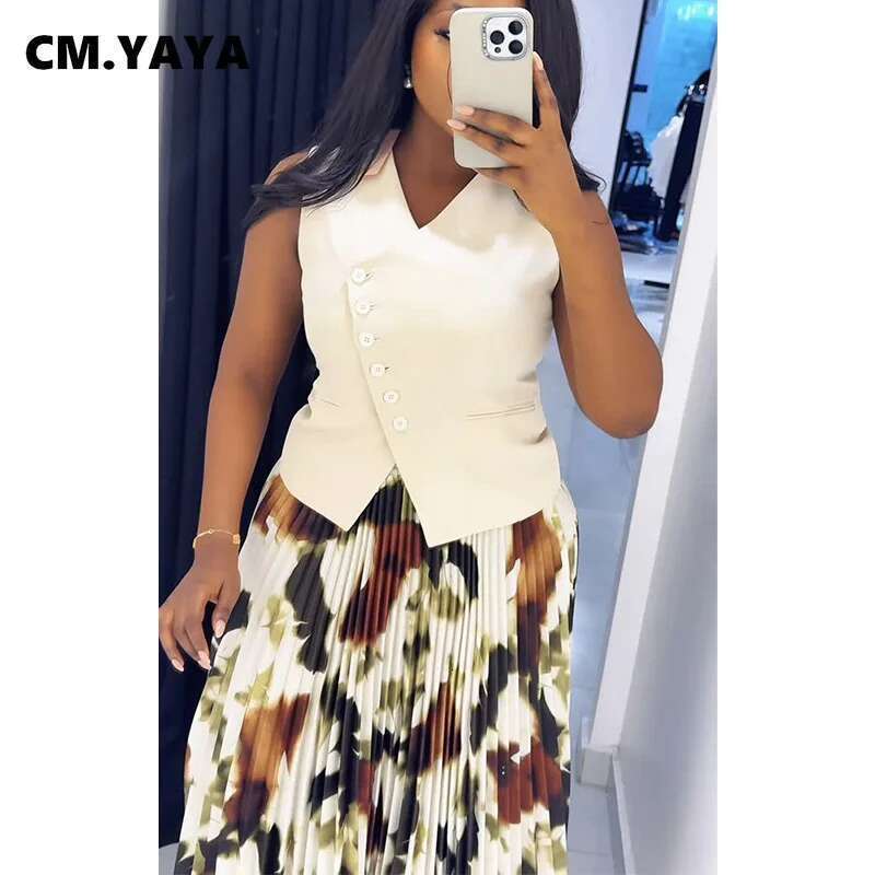 CM.YAYA Women Set Street Sleeveless V-Neck Button Tops +long Pleated Skirts Suits Two 2 Piece Sets Summer OL Fiess Tracksuits