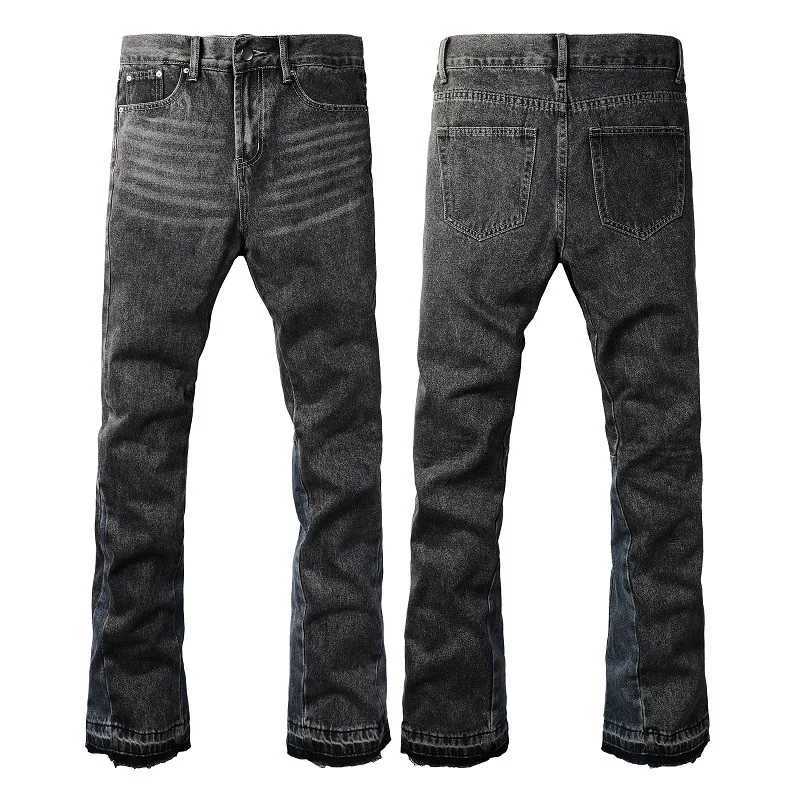 Men Jeans Washed Denim Flare Pants Mid Waist Pockets Patchwork Denims 2024 Autumn Strtwear Vintage Ankle Length TrousersC250606
